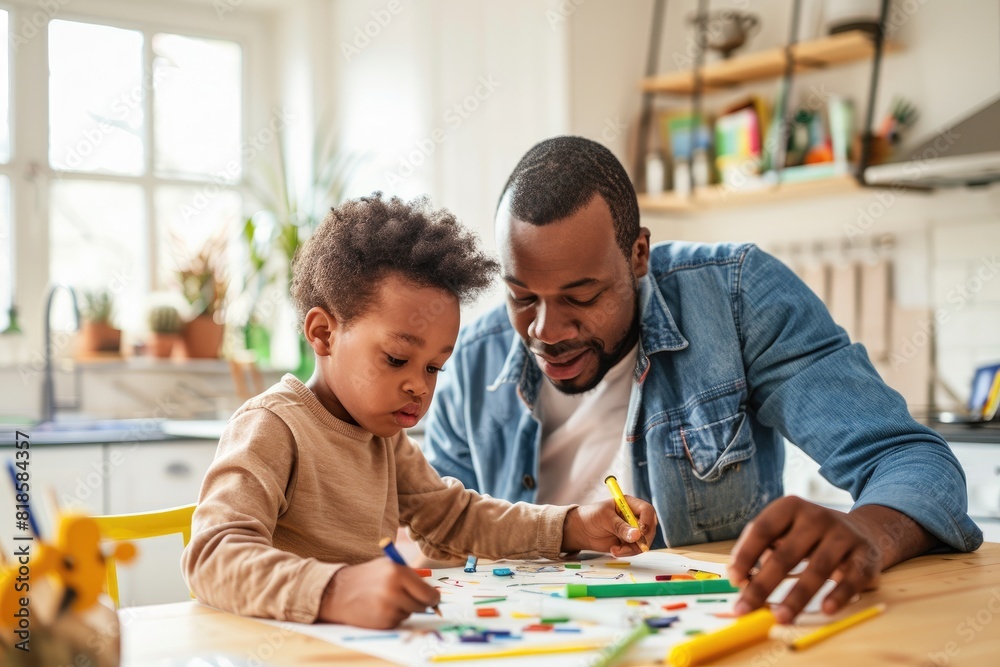 Fototapeta premium A photo of a dad and his child working on a school project together at a kitchen table, with colorful art supplies scattered around and a focused yet friendly atmosphere.