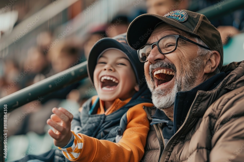 A candid photo of a dad and his son laughing and cheering in the stands at a baseball game, showcasing shared interests and excitement. A candid photo of a dad and his son laughing and cheering in the stands at a baseball game, showcasing shared interests and excitement.