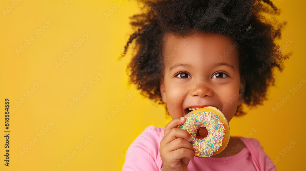 Naklejka premium copy space, stockphoto, happy black toddler eating a donut, national donut day theme. Happy black african-american child with a donut. Colorful image. Sugar food. Child is having a good time, unhealth