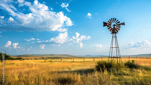 windmill spinning in wind on blue sky