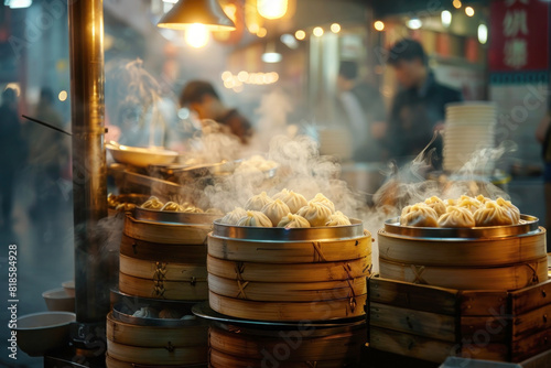 A bustling Asian street food stall at night, featuring steaming dim sum baskets. Vivid lighting highlights the steam and textures of the dumplings.