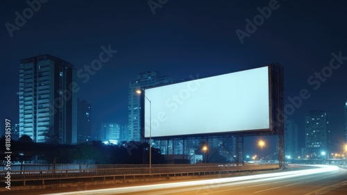Billboard on a misty night street with city lights. Moody urban background with advertising space. The billboard advertisement, with a white background and a black border at night on highway. AIG35.
