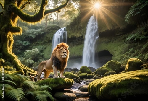 lion sitting by waterfall (299) photo