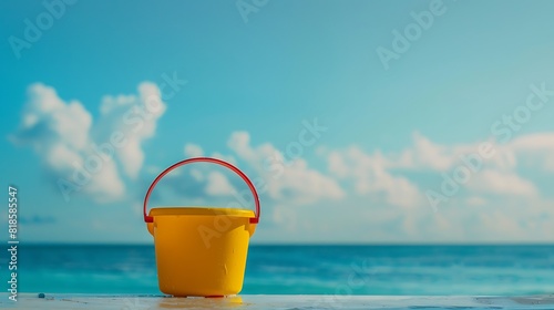 Yellow childrens bucket with red handle and plastic green sieve left on a blue sea and blue sky background