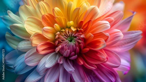 A rainbowcolored chrysanthemum with petals of various colors swirling around it  creating an explosion effect that is both colorful and vibrant. 