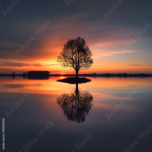 Serene Sunset: Tranquil Lake View with Warm Sky Reflections and Lone Island Silhouette