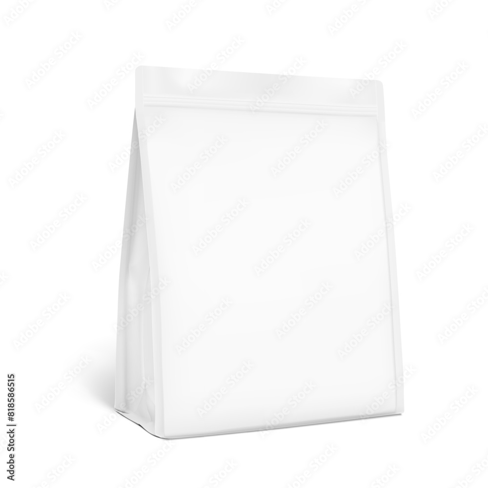 Vertical flat bottom gusset bag mockup for food, sport nutrition. Half side view. Vector illustration isolated on grey background. Can be use for template your design. EPS10. Vertical flat bottom gusset bag mockup for food, sport nutrition. Half side view. Vector illustration isolated on grey background. Can be use for template your design. EPS10.