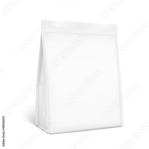 Vertical flat bottom gusset bag mockup for food, sport nutrition. Half side view. Vector illustration isolated on grey background. Can be use for template your design. EPS10.