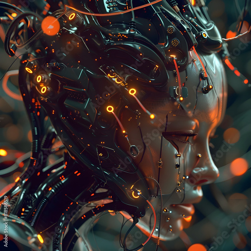 Intricate Cyborg Anatomy Illuminated by Glowing Digital Circuits and Neon Connections
