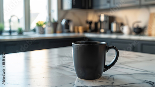 A sleek black coffee cup resting on a marble countertop.