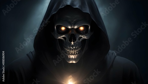 The grim reaper shrouded in darkness his eyes glo photo