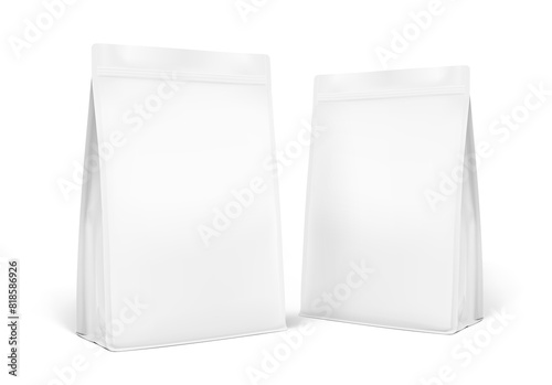 Vertical flat bottom gusset bag mockup for food, sport nutrition. Half side view. Vector illustration isolated on grey background. Can be use for template your design. EPS10.