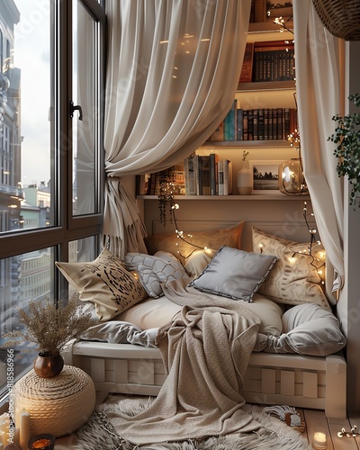 Design a cozy reading nook on the balcony, including furniture and decor elements that contribute to the relaxing and luxurious atmosphere
