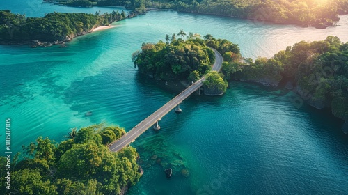 A drone shot of a bridge connecting two islands, illustrating the bridge's role in bridging gaps and connecting communities. photo