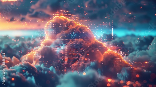 A futuristic scene of clouds parting to reveal a digital world inside  showcasing the idea of cloud-based virtual environments.