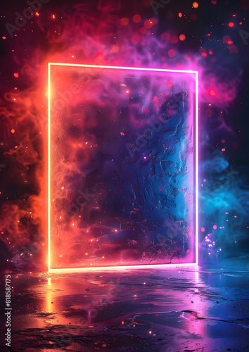 A purple neon square emits smoke in a dark room, creating an atmosphere of mystery and art. The pink and violet hues blend into a midnight sky