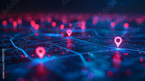 Abstract digital map with glowing location pins on a dark background, using blue and pink colors, with blurred city lights in the foreground.  Concept of a global network.
 photo