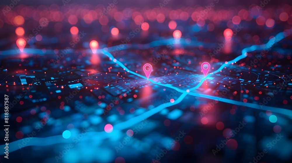 Abstract digital map with glowing location pins on a dark background, using blue and pink colors, with blurred city lights in the foreground. Concept of a global network.
Abstract digital map with glowing location pins on a dark background, using blue and pink colors, with blurred city lights in the foreground. Concept of a global network.