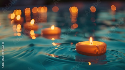 Candles floating in swimming pool at beach house party as decoration