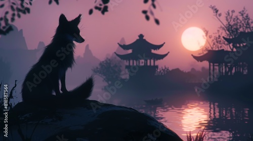 Enchanted silhouette of a kitsune  showcasing its foxlike features and mystical tails  set against a backdrop of an otherworldly fantasy landscape