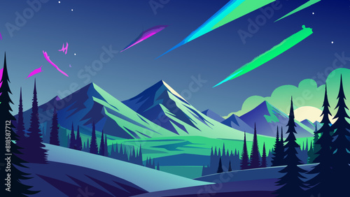 Enchanting Night Sky with Vibrant Aurora Over Snowy Mountains