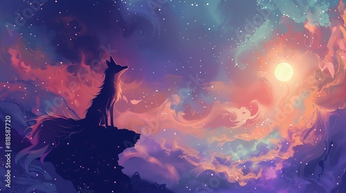 Ethereal silhouette of a kitsune  embodying wisdom and cunning  set against a celestial backdrop  ideal for a fantasy world illustration with a spiritual aura