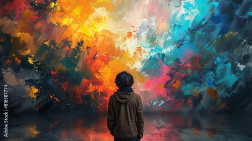 A thought-provoking scene of a person staring at a blank canvas, with vibrant colors and shapes symbolizing ideas forming.