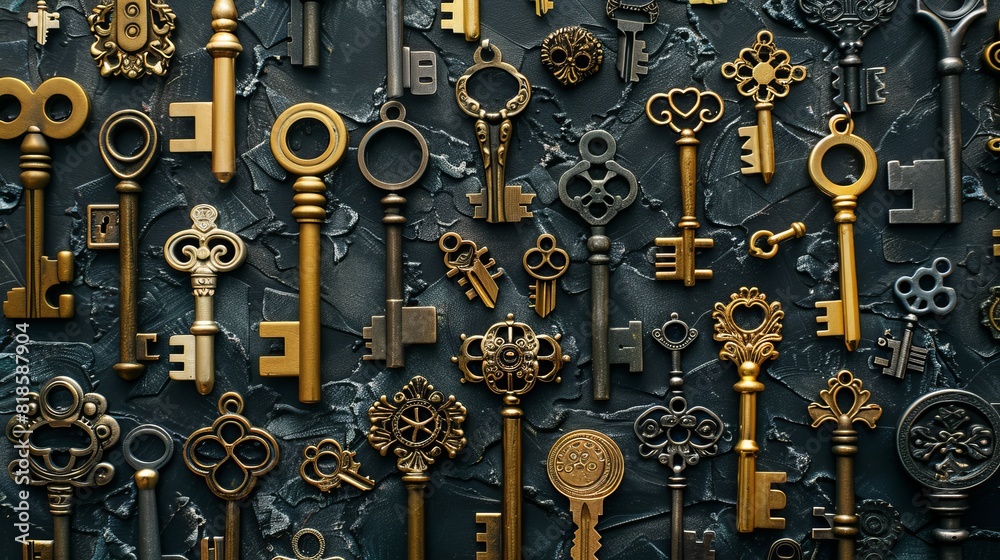 An abstract composition of keys in various shapes and sizes, representing diversity and uniqueness. An abstract composition of keys in various shapes and sizes, representing diversity and uniqueness.