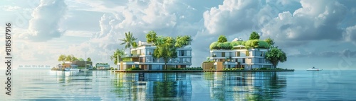 Floating ecocity with advanced green technology, sustainable living on a serene aqua horizon photo