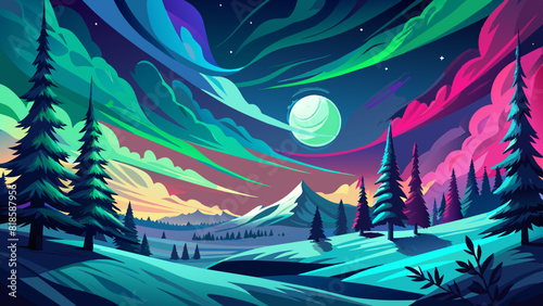 Magical Aurora Nightscape with Pine Forest and Mountains