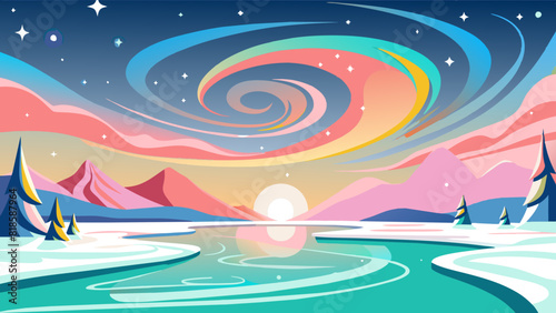 Whimsical Twilight Landscape with Vibrant Swirling Sky and Serene Lake