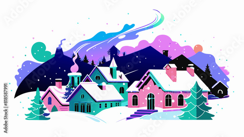 Enchanting Winter Wonderland Village Illustration with Northern Lights