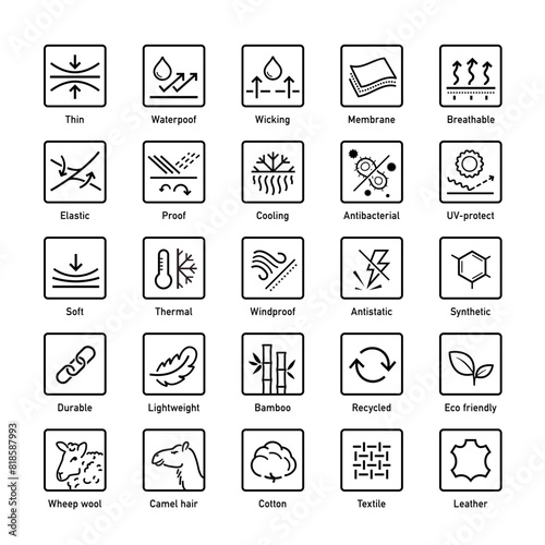 Set icons for functional fabric, clothing. The outline icons are well scalable and editable. Contrasting vector elements are good for different backgrounds. EPS10.