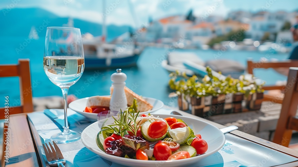 Delicious fresh greek salad and musaka served for lunch at outdoor restaurant with beautiful view on the sea and port