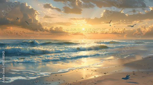 Painting of a sunset over the ocean with waves  generative ai