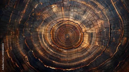 An artistic representation of the wood grain texture on tree rings, showcasing its unique patterns and colors in the style of nature. 
