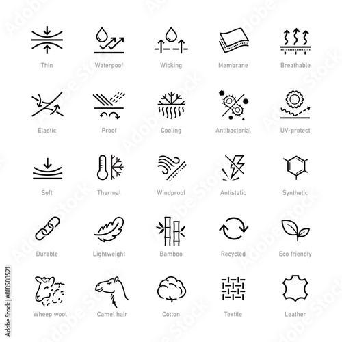 Set icons for functional fabric, clothing. The outline icons are well scalable and editable. Contrasting vector elements are good for different backgrounds. EPS10.