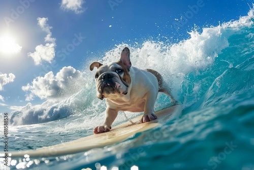 a dog riding a surfboard on a wave in the ocean © Robert