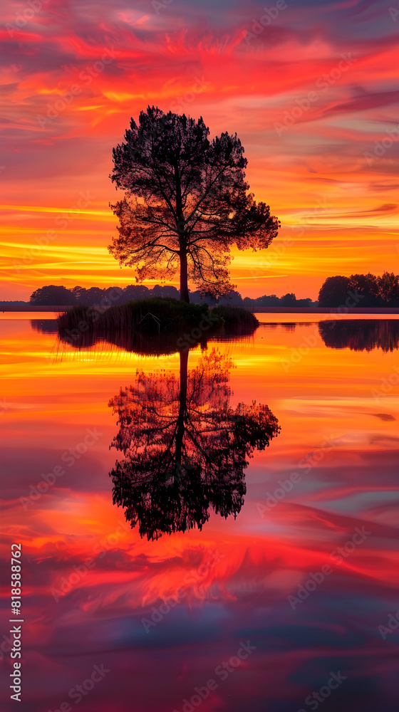 Serene Sunset: Tranquil Lake View with Warm Sky Reflections and Lone Island Silhouette