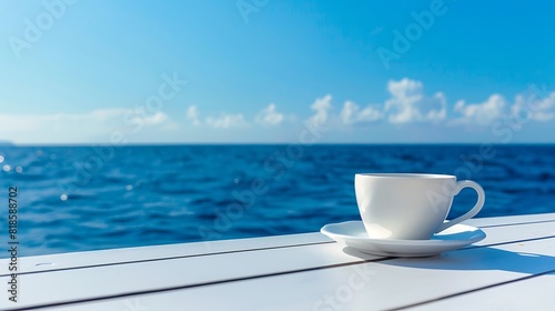 Empty coffee cup on white boat deck against clear blue sky during sunny day