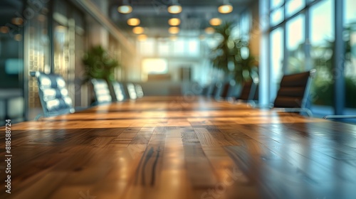 Blurred conference room with a long wooden table and chairs in a blurred background. 