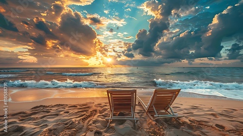 Empty sandy sea beach with sun loungers on the background of a colorful dramatic sky photo