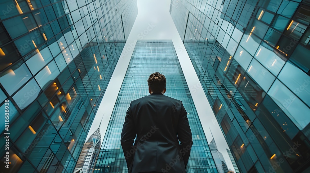 Businessman standing in front of a glass building, in the style of business concept with a young businessman wearing a suit looking up at a skyscraper office building.
Businessman standing in front of a glass building, in the style of business concept with a young businessman wearing a suit looking up at a skyscraper office building.