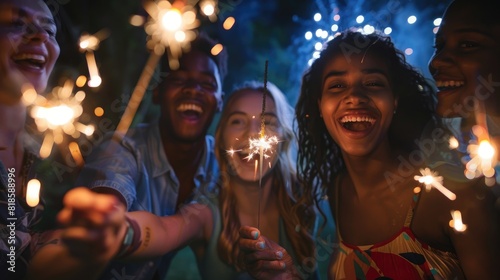 A group of diverse friends celebrating Independence Day with sparklers, illuminated by the soft glow of fireworks in the background