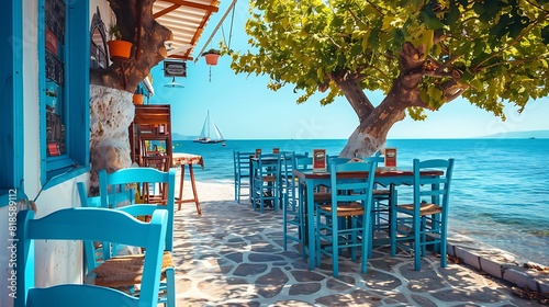 Greek tavern with blue wooden chairs by the aegean sea coast photo