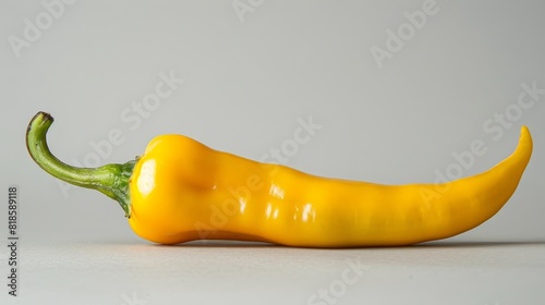 Close-up of a fresh yellow chili pepper, isolated on a plain background, green stem, detailed texture, studio lighting photo