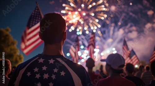 A community gathering for a fireworks display, with American flags prominently displayed and professional lighting capturing the excitement and unity