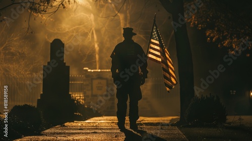 A solemn moment of reflection with a veteran standing before a memorial, holding an American flag, highlighted by respectful, subdued lighting photo