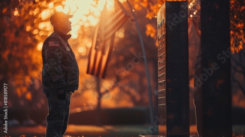 A solemn moment of reflection with a veteran standing before a memorial, holding an American flag, highlighted by respectful, subdued lighting photo