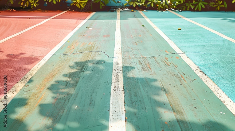 Close-up of a retro tennis court, pastel colors with weathered lines, surrounded by lush greenery, evoking 1950s sports club nostalgia